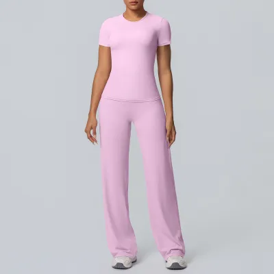 Women's Casual Solid Color Double-Sided Sanding Tight Long-Sleeve T-Shirt Wide-Leg Pants Yoga Sports Two-Piece Set