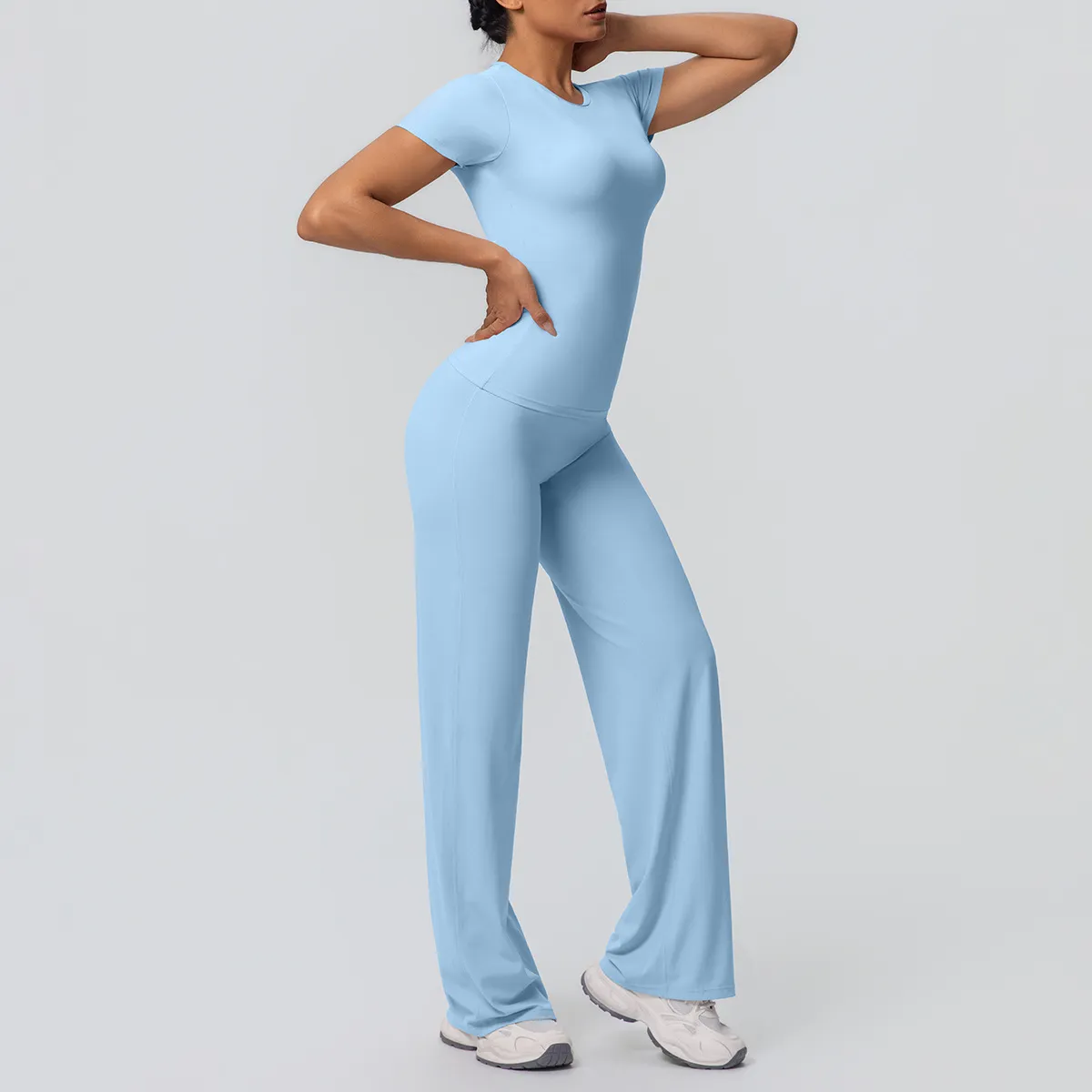 Women's Casual Solid Color Double-Sided Sanding Tight Long-Sleeve T-Shirt Wide-Leg Pants Yoga Sports Two-Piece Set