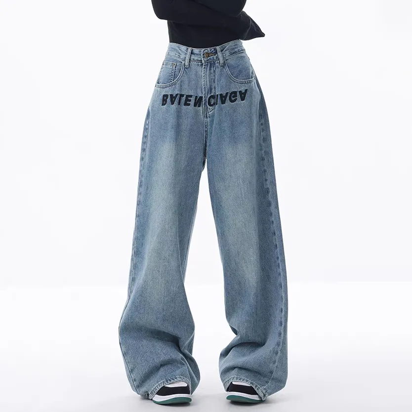 Women Fashion Casual Letter Embroidered Design Loose Wide Leg Jeans