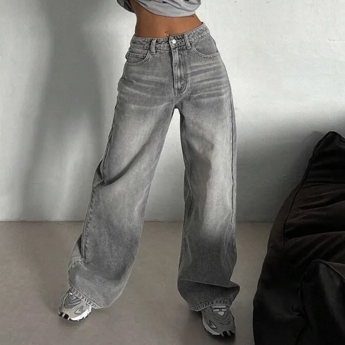 Women Fashion Casual Cement Grey High Waist Straight Jeans