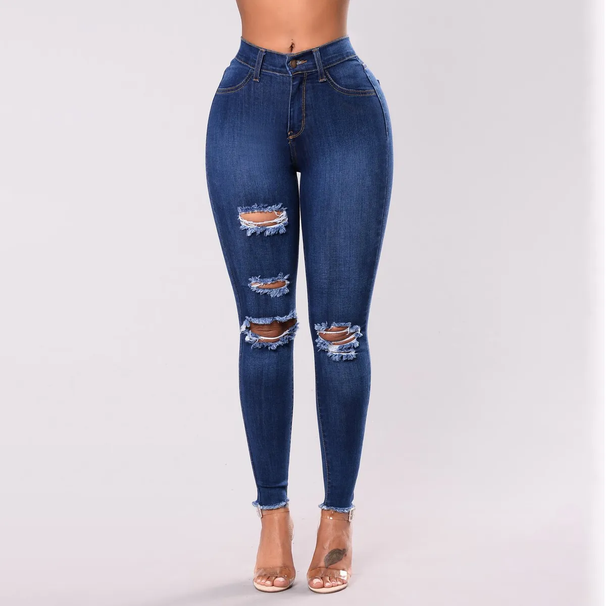 Women Fashion Casual Ripped Stretch Slim-Fit Skinny Jeans