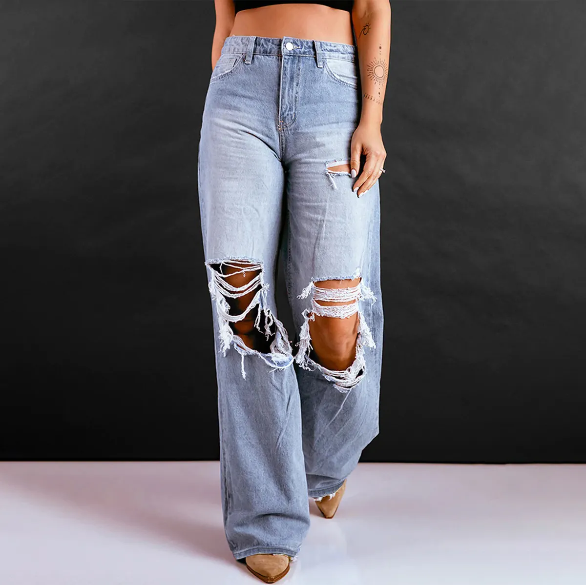 Women Fashion Casual Loose Retro High-Waist Ripped Wide-Leg Jeans