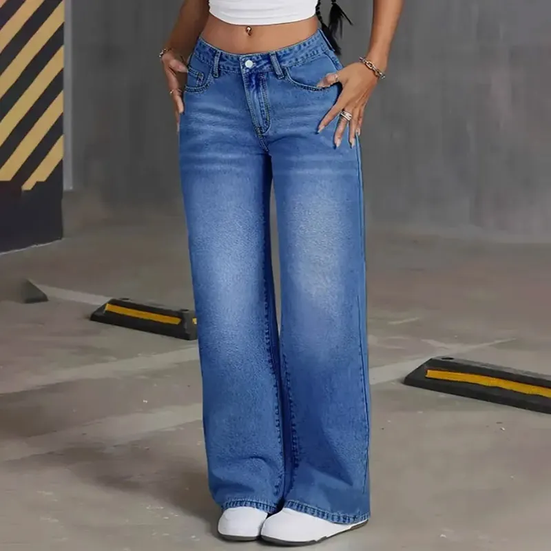 Women Fashion Casual Wash Straight Jeans