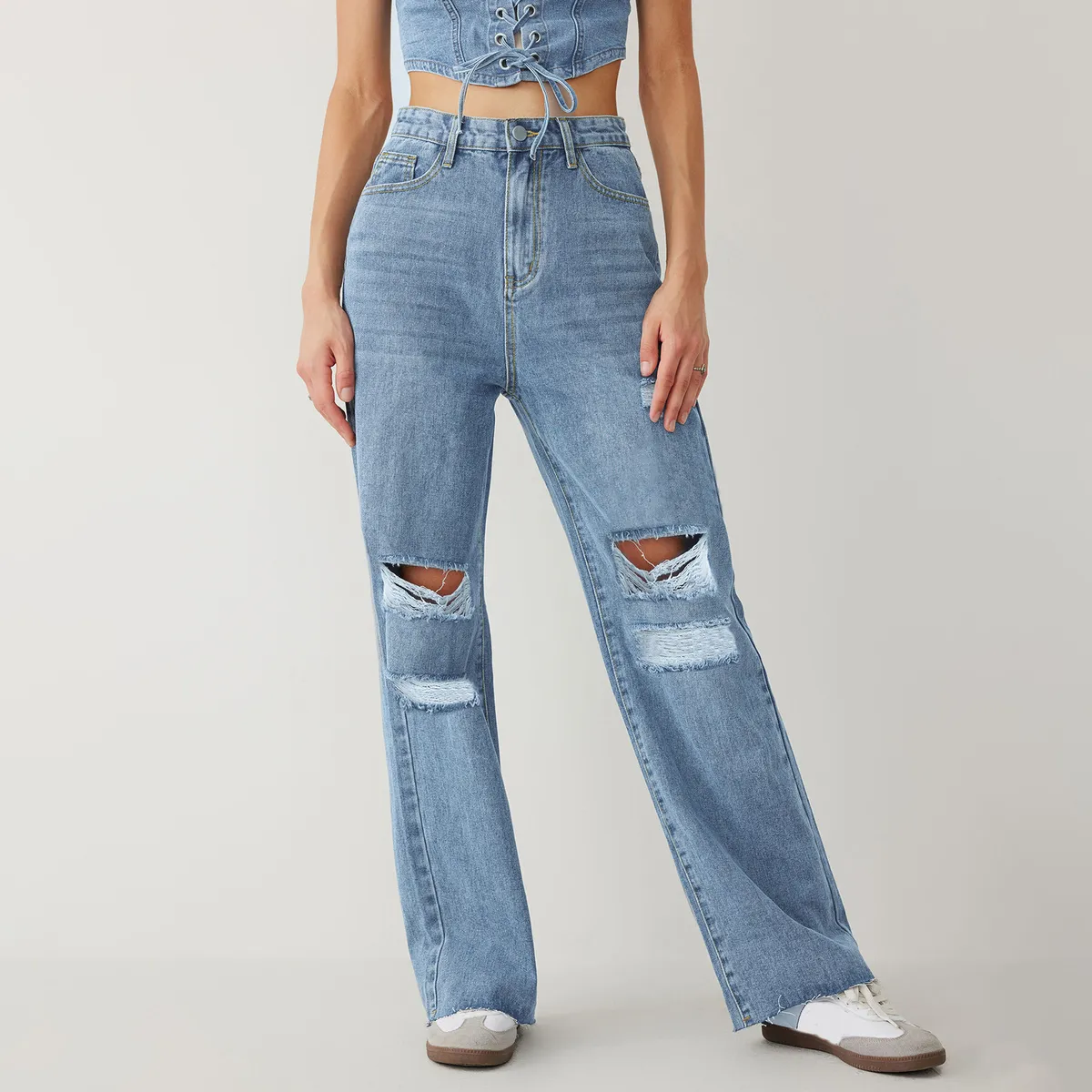 Women Fashion Casual Ripped Thin High Waist Loose Straight Wide Leg Jeans