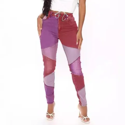 Women Fashion Casual Color Block Rayon Washed High Waist Skinny Distressed Jeans