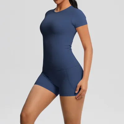 Women's Casual Solid Color Double-Sided Nylon Short-Sleeve T-Shirt with Pockets and Tight Shorts Yoga Sports Two-Piece Set