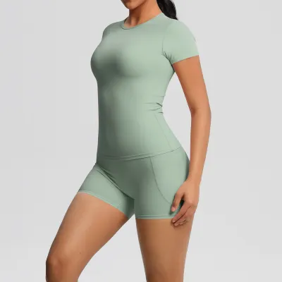 Women's Casual Solid Color Double-Sided Nylon Short-Sleeve T-Shirt with Pockets and Tight Shorts Yoga Sports Two-Piece Set