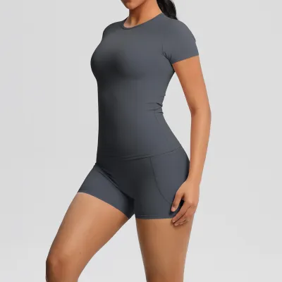 Women's Casual Solid Color Double-Sided Nylon Short-Sleeve T-Shirt with Pockets and Tight Shorts Yoga Sports Two-Piece Set