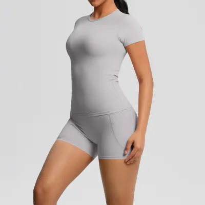 Women's Casual Solid Color Double-Sided Nylon Short-Sleeve T-Shirt with Pockets and Tight Shorts Yoga Sports Two-Piece Set