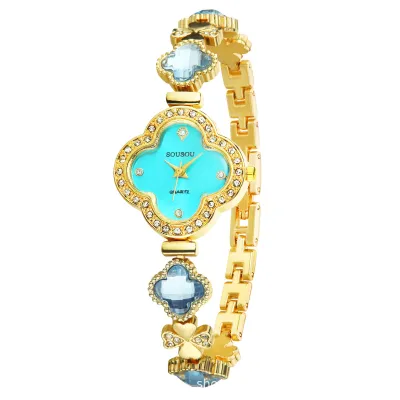 Women Fashion Elegant Rhinestone Four-Leaf Clover Stainless Steel Bracelet Watch