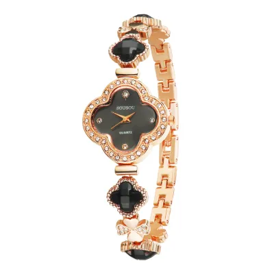 Women Fashion Elegant Rhinestone Four-Leaf Clover Stainless Steel Bracelet Watch