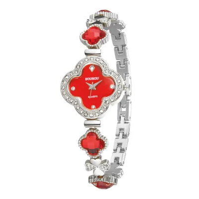 Women Fashion Elegant Rhinestone Four-Leaf Clover Stainless Steel Bracelet Watch