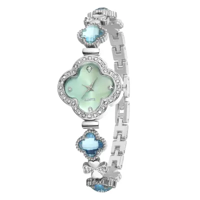Women Fashion Elegant Rhinestone Four-Leaf Clover Stainless Steel Bracelet Watch