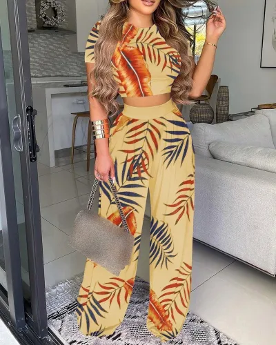 Women Fashion Casual Solid Color Short-Sleeve Crop Top Printed Wide-Leg Pants Two-Piece Set