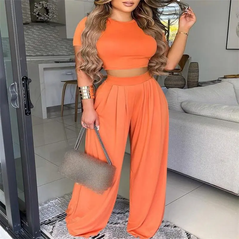 Women Fashion Casual Solid Color Short-Sleeve Crop Top Printed Wide-Leg Pants Two-Piece Set