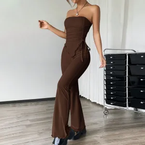 Women Fashion Sexy Solid Color Irregular Drawstring Tube Top Slim Fit Pants Two-Piece Set