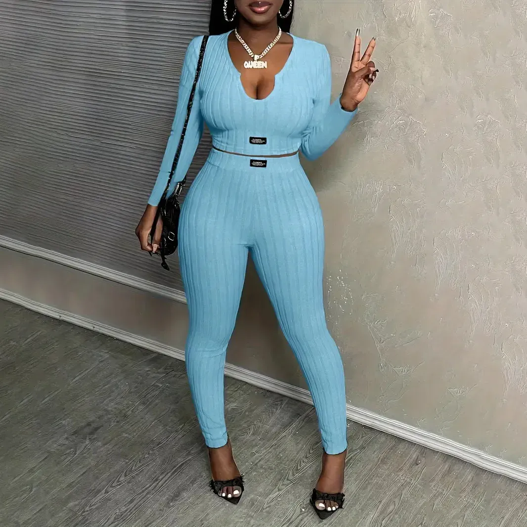 Women Fashion Casual Solid Color Long Sleeve Top Tight Pants Two-Piece Set