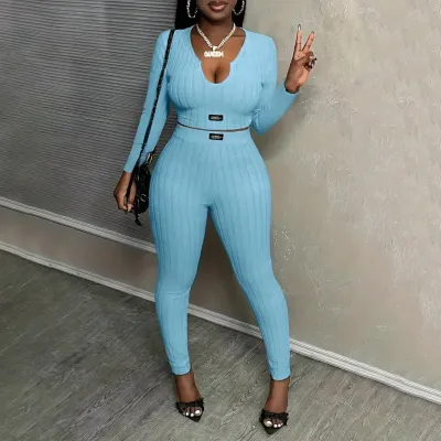 Women Fashion Casual Solid Color Long Sleeve Top Tight Pants Two-Piece Set