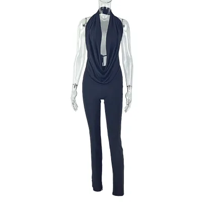 Women Fashion Sexy Solid Color Pleated Halter-Neck Backless Lace-Up Top Slim Fit Pants Two-Piece Set