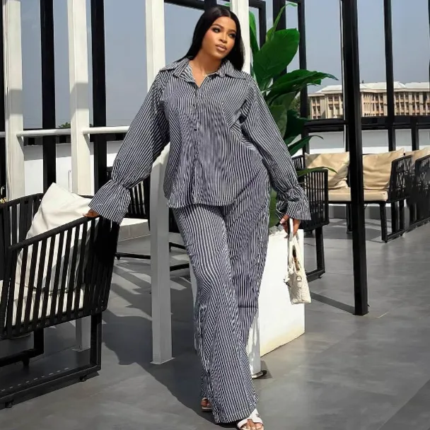 Women Fashion Casual Stripe Lapel Long-Sleeve Blouse Wide-Leg Pants Two-Piece Set