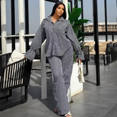 Women Fashion Casual Stripe Lapel Long-Sleeve Blouse Wide-Leg Pants Two-Piece Set