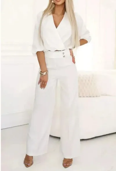 Women Fashion Casual Solid Color V-Neck Two-Button Top Loose Pants 2-Piece Set