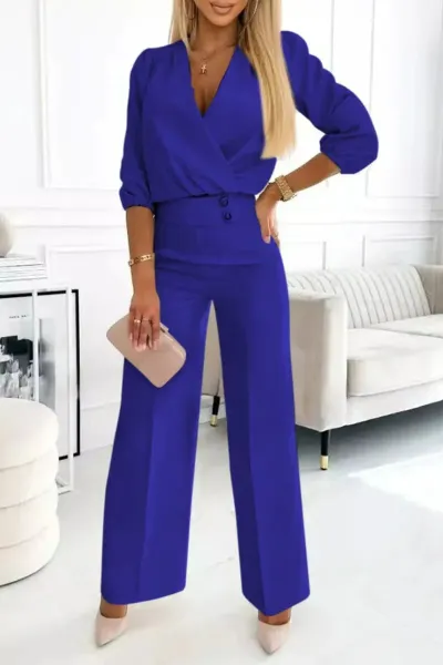 Women Fashion Casual Solid Color V-Neck Two-Button Top Loose Pants 2-Piece Set