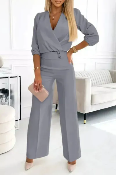 Women Fashion Casual Solid Color V-Neck Two-Button Top Loose Pants 2-Piece Set