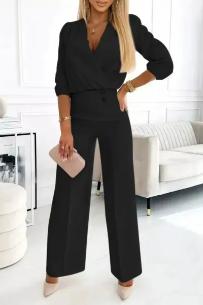 Women Fashion Casual Solid Color V-Neck Two-Button Top Loose Pants 2-Piece Set