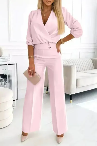 Women Fashion Casual Solid Color V-Neck Two-Button Top Loose Pants 2-Piece Set