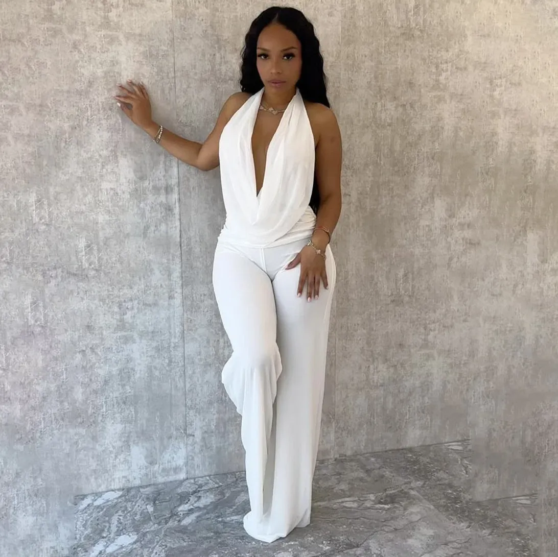 Women Fashion Sexy Solid Color Halter-Neck Backless Top Loose Pants Two-Piece Set