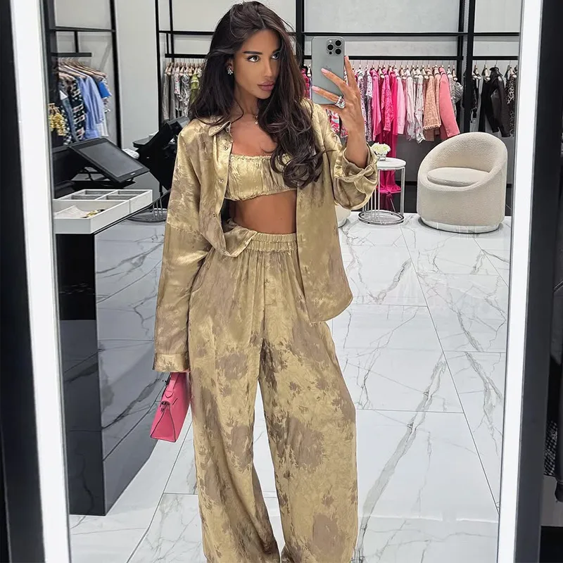 Women Fashion Printed Tank Top Lapel Long-Sleeve Blouse Wide-Leg Pants Three-Piece Set