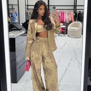 Women Fashion Printed Tank Top Lapel Long-Sleeve Blouse Wide-Leg Pants Three-Piece Set
