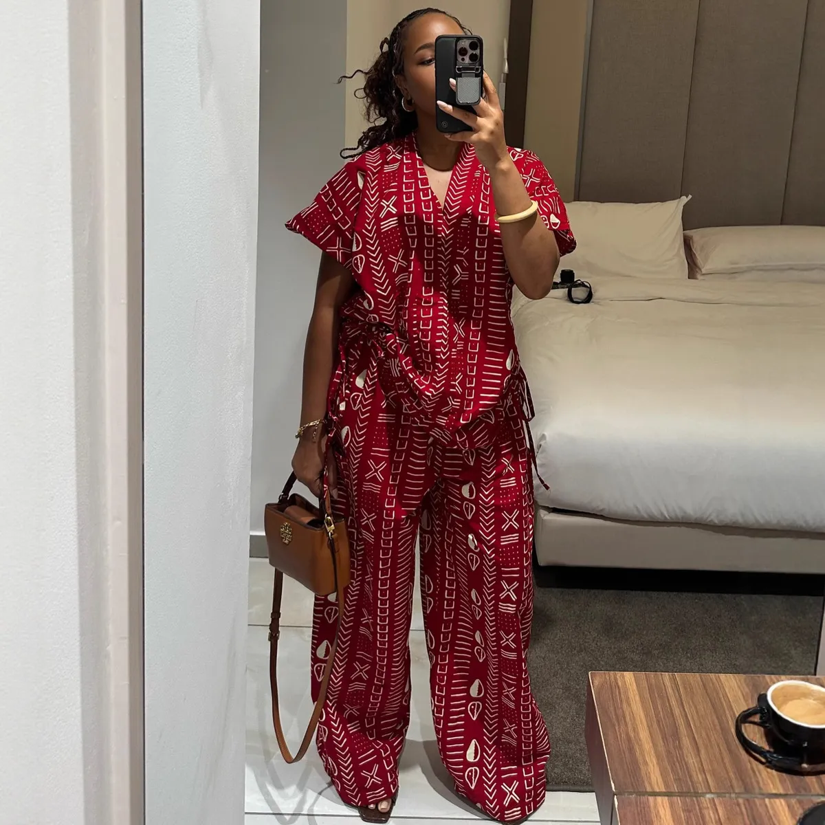 Women Fashion Casual Printed Short-Sleeve Drawstring T-Shirt Tight Waist Wide-Leg Pants Two-Piece Set