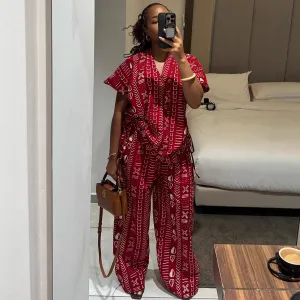 Women Fashion Casual Printed Short-Sleeve Drawstring T-Shirt Tight Waist Wide-Leg Pants Two-Piece Set