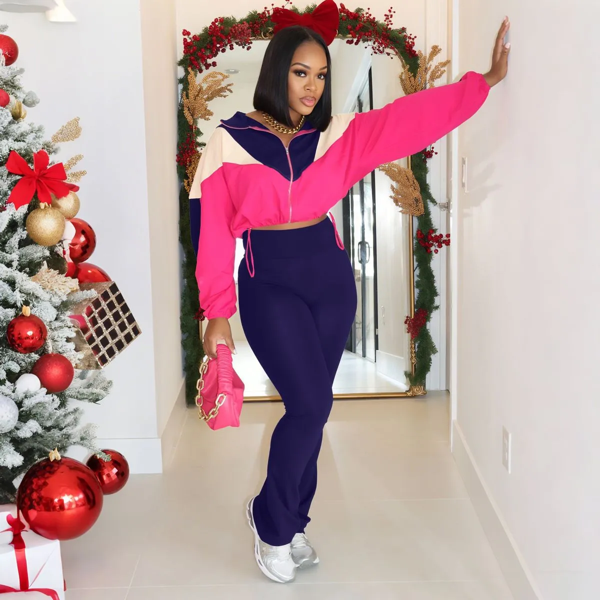 Women Fashion  Color Block Long-Sleeve Zipper Cardigan Tights Pants Two-Piece Set