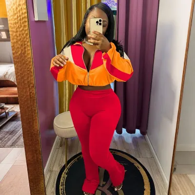 Women Fashion  Color Block Long-Sleeve Zipper Cardigan Tights Pants Two-Piece Set