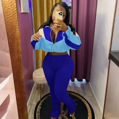 Women Fashion  Color Block Long-Sleeve Zipper Cardigan Tights Pants Two-Piece Set