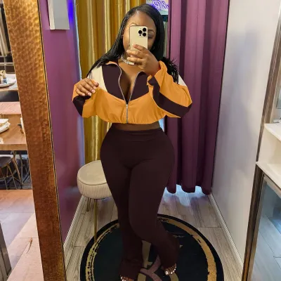 Women Fashion  Color Block Long-Sleeve Zipper Cardigan Tights Pants Two-Piece Set