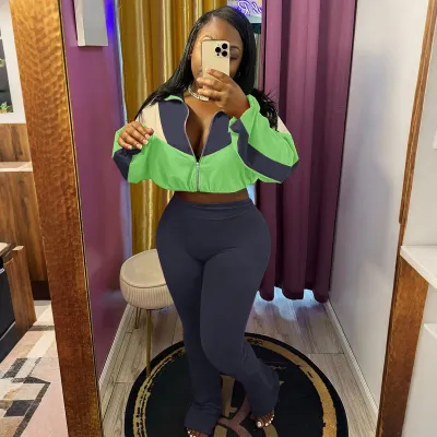 Women Fashion  Color Block Long-Sleeve Zipper Cardigan Tights Pants Two-Piece Set