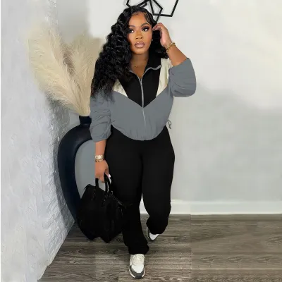 Women Fashion  Color Block Long-Sleeve Zipper Cardigan Tights Pants Two-Piece Set