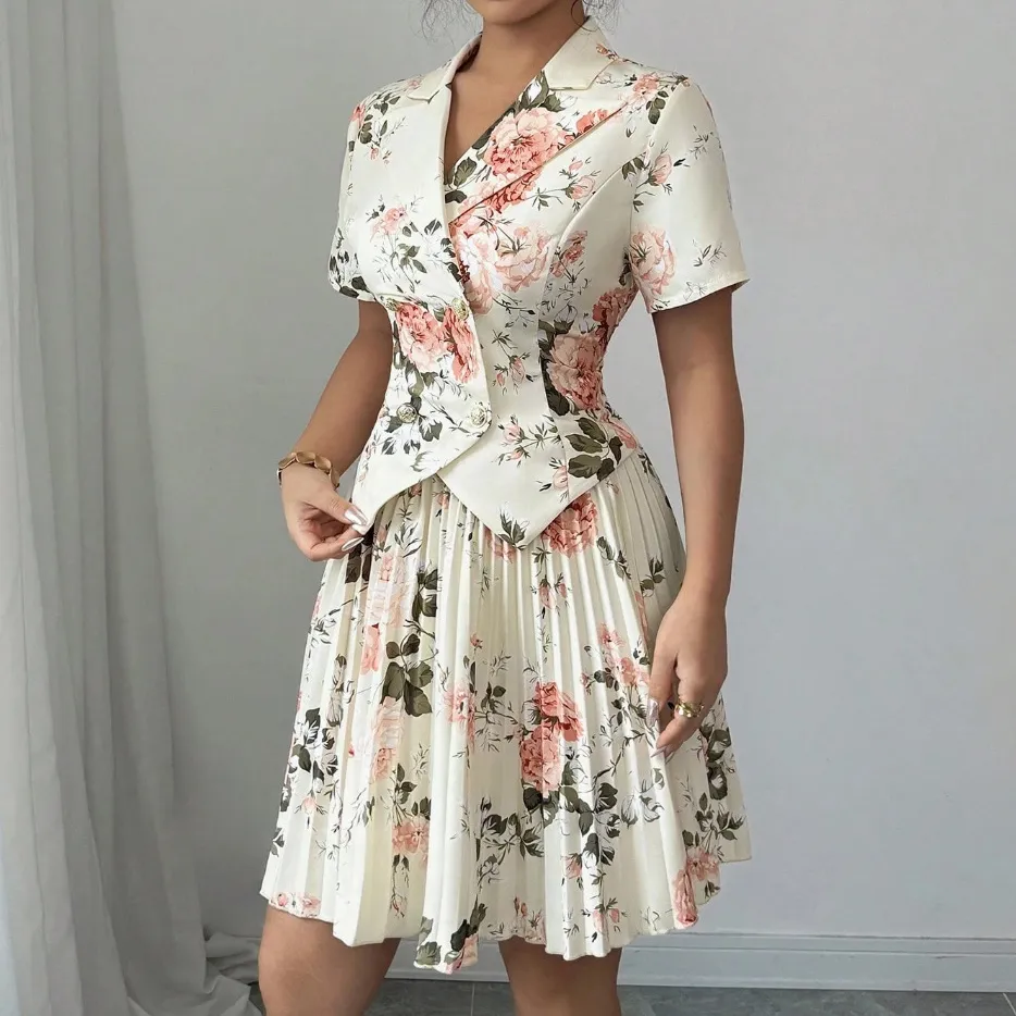 Women Fashion Elegant Floral Print Lapel Short-Sleeve Top Pleated Skirts Two-Piece Set