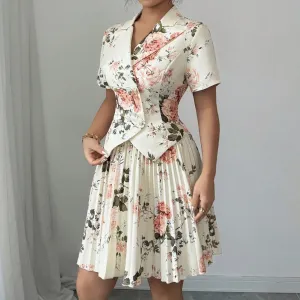 Women Fashion Elegant Floral Print Lapel Short-Sleeve Top Pleated Skirts Two-Piece Set