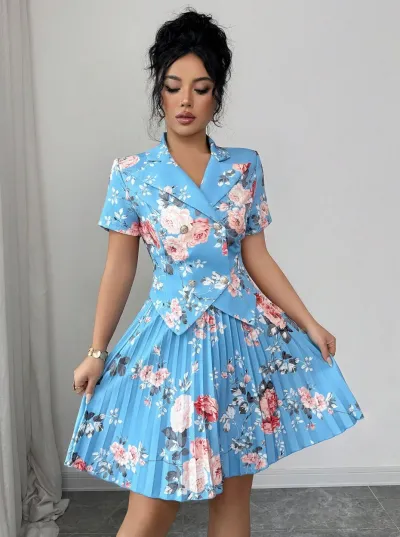 Women Fashion Elegant Floral Print Lapel Short-Sleeve Top Pleated Skirts Two-Piece Set