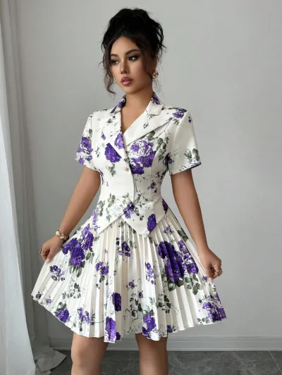 Women Fashion Elegant Floral Print Lapel Short-Sleeve Top Pleated Skirts Two-Piece Set