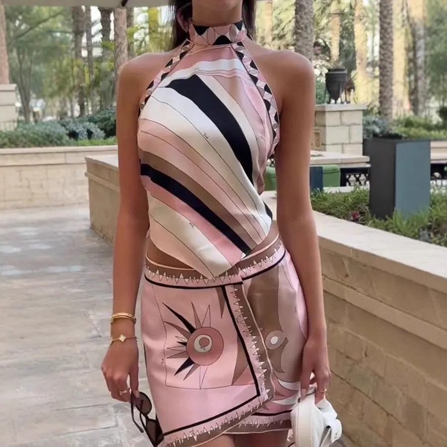 Women Fashion Sexy Printed Satin Halter-Neck Backless Lace-Up Top Irregular Skirt Two-Piece Set
