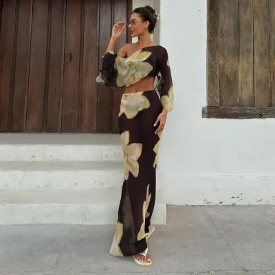 Women Fashion Sexy Flower Printed Off-Shoulder Crop Top High Waist Drawstring Skirt Two-Piece Set