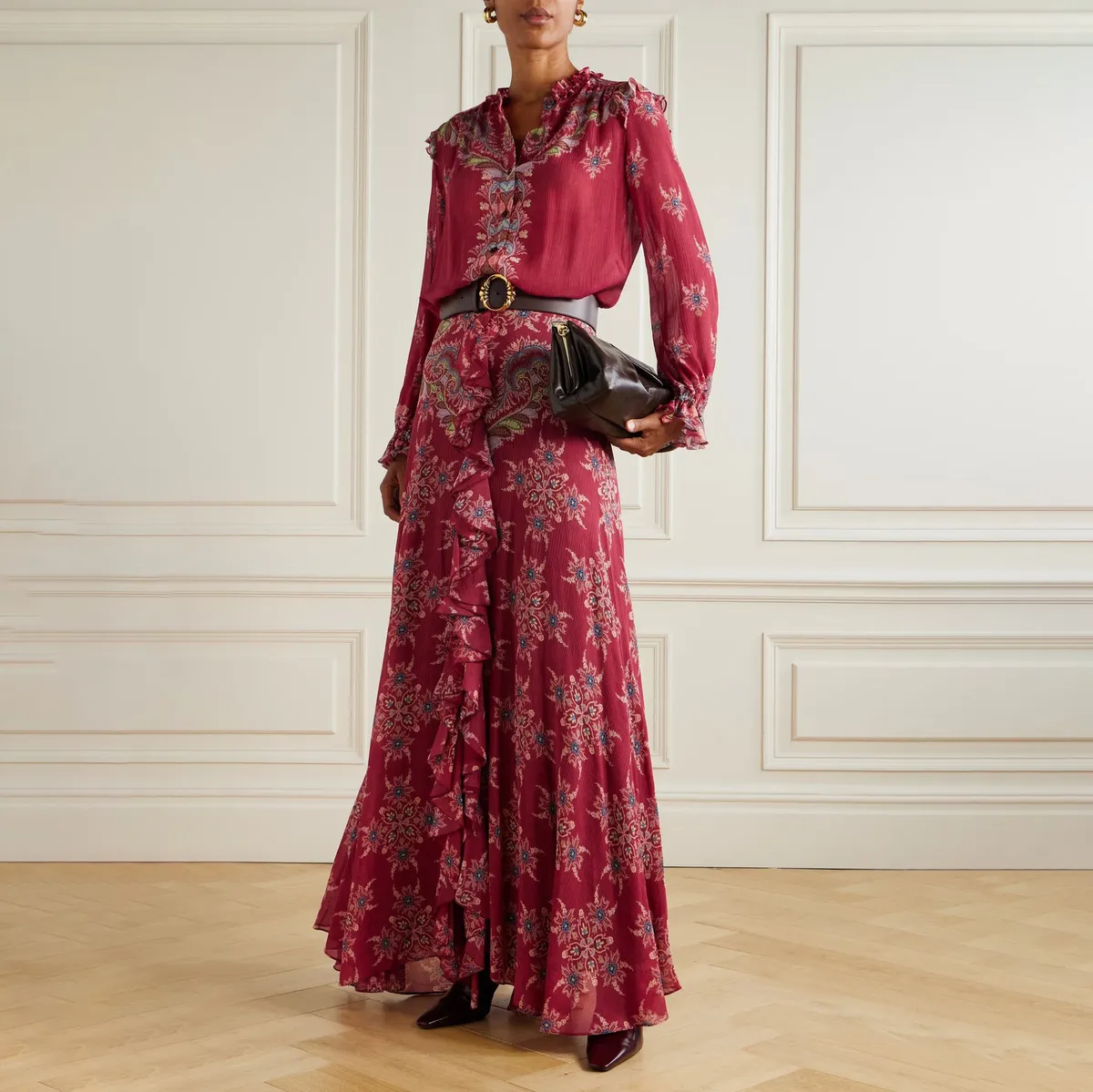 Women Fashion Retro Printed Chiffon Ruffled Long-Sleeve Blouse Loose Skirts Two-Piece Set
