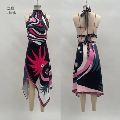 Women Fashion Sexy Print Satin Halter-Neck Backless Top Irregular Skirt Two-Piece Set