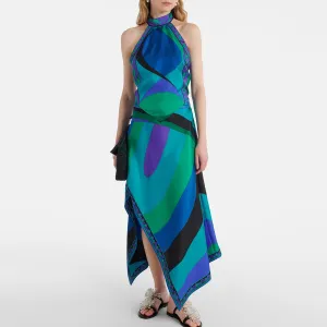 Women Fashion Sexy Print Satin Halter-Neck Backless Top Irregular Skirt Two-Piece Set